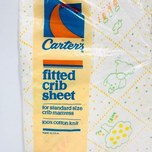 NIP Vintage Carters Cotton Yellow White Baby Animals Fitted Crib Sheet - Picture 2 of 3